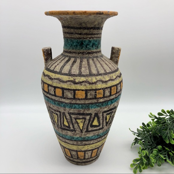 Vintage Italian Lava Glaze Geometric Print Ceramic Clay Pottery Vase MCM Italy - Picture 3 of 12